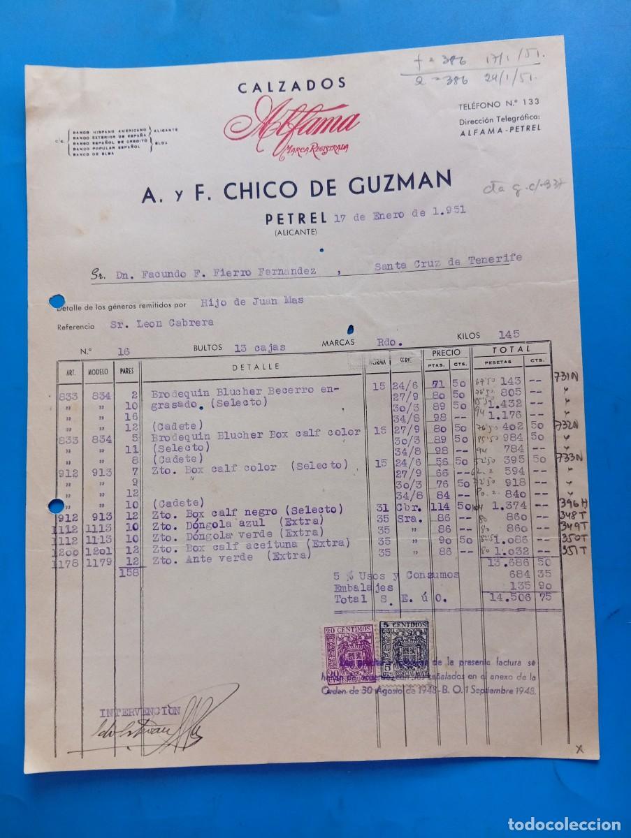 Facturas antiguas: FACTURA. PETREL, ALICANTE. 1951. CALZADOS ALFAMA. A. Y F. CHICO DE GUZMAN.