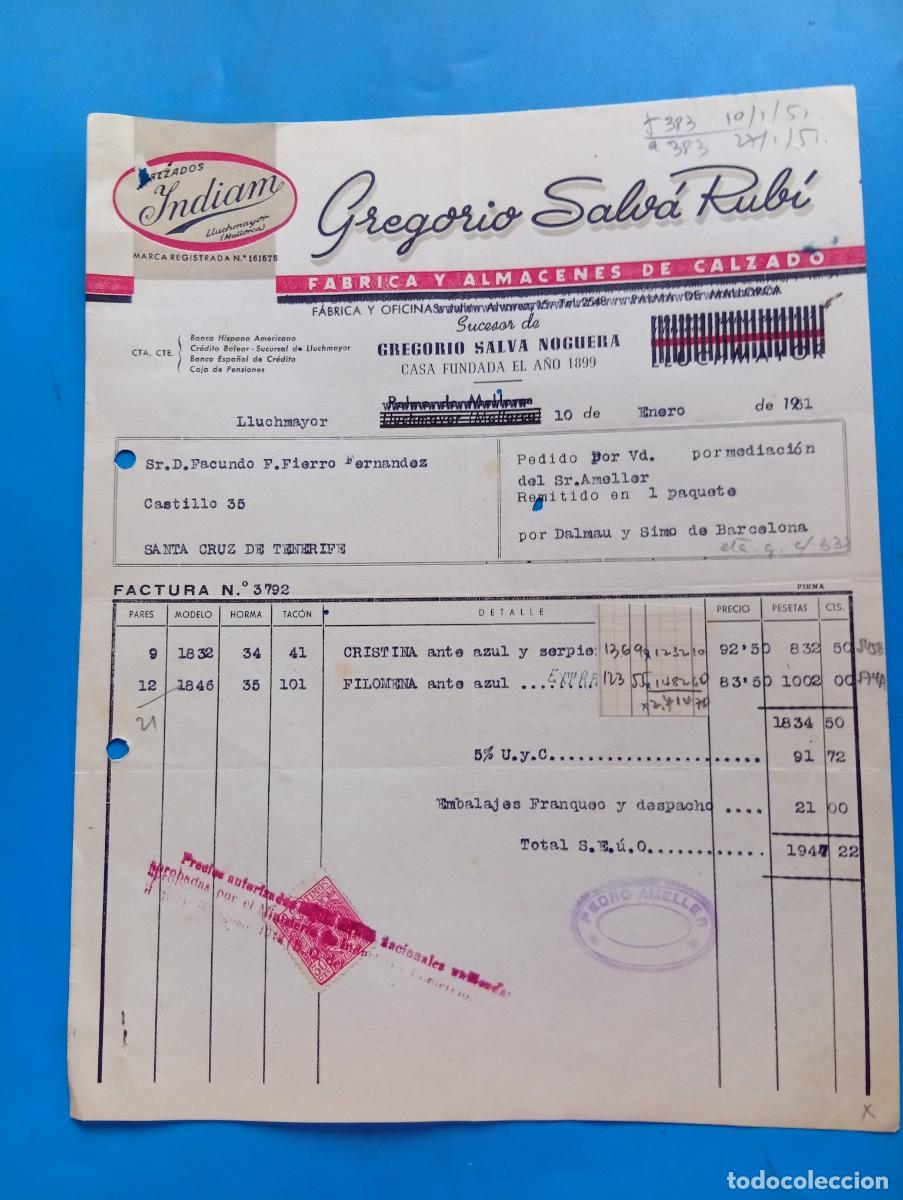 Facturas antiguas: FACTURA. LLUCHMAYOR, MALLORCA. 1951. FABRICA Y ALMACENES DE CALZADO. INDIAM. GREGORIO SALVA RUBI.