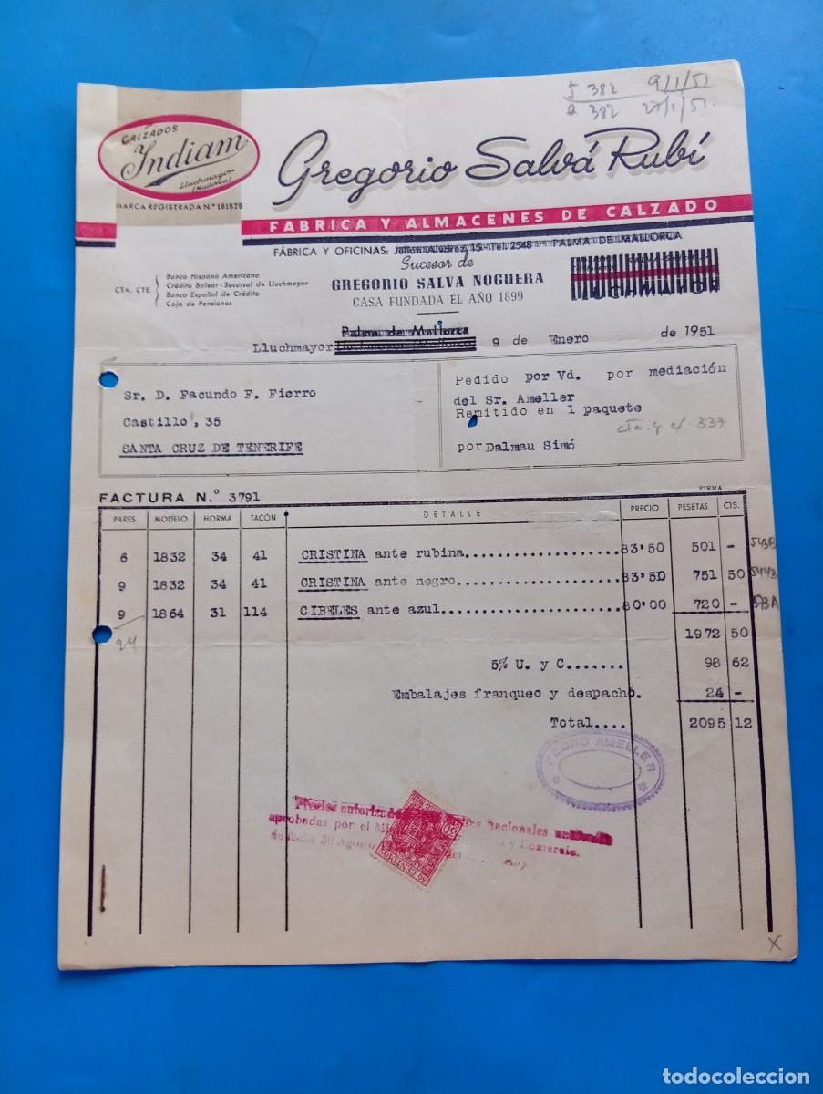 Facturas antiguas: FACTURA. LLUCHMAYOR, MALLORCA. 1951. FABRICA Y ALMACENES DE CALZADO. INDIAM. GREGORIO SALVA RUBI.