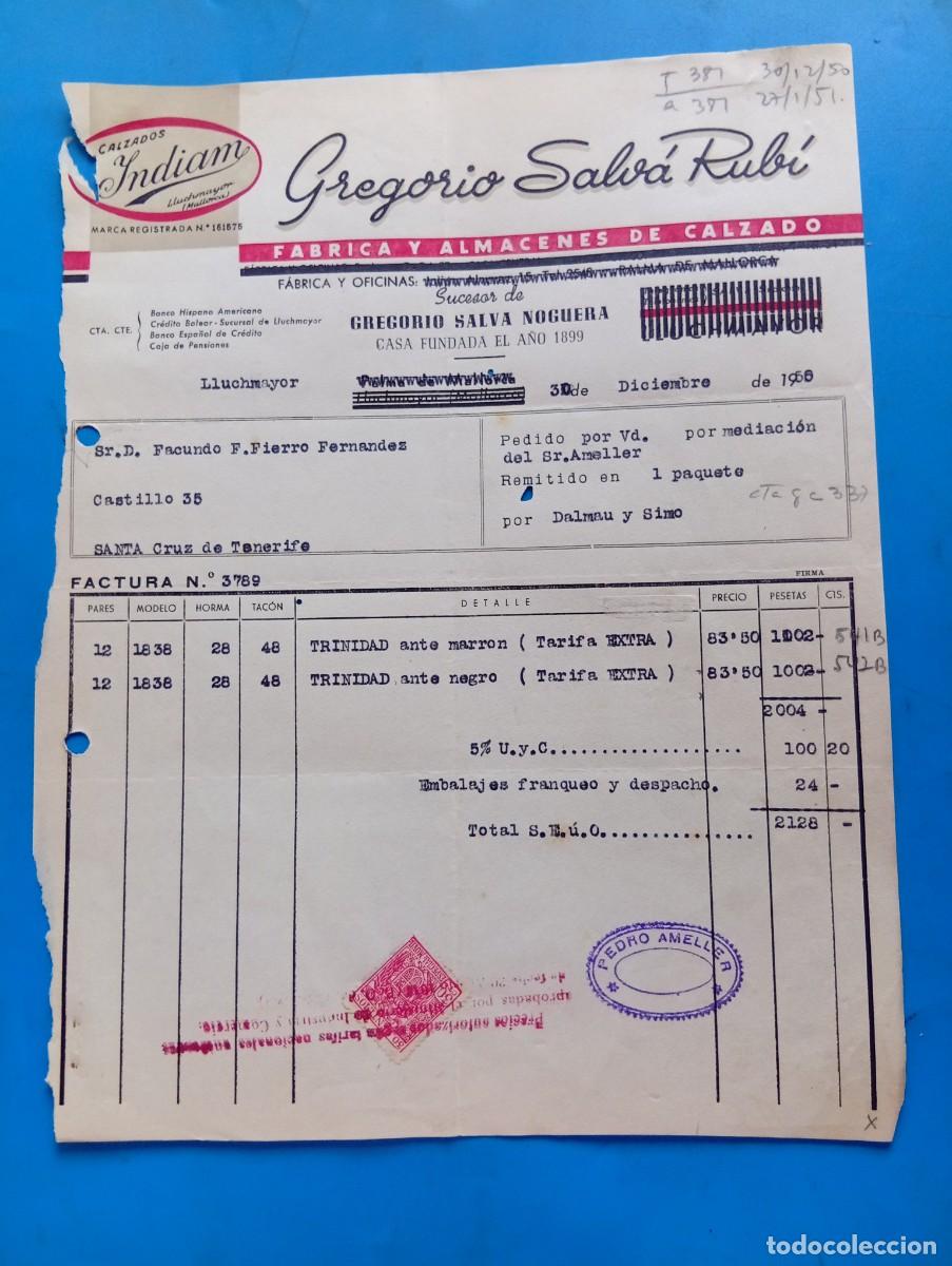 Facturas antiguas: FACTURA. LLUCHMAYOR, MALLORCA. 1950. FABRICA Y ALMACENES DE CALZADO. INDIAM. GREGORIO SALVA RUBI.