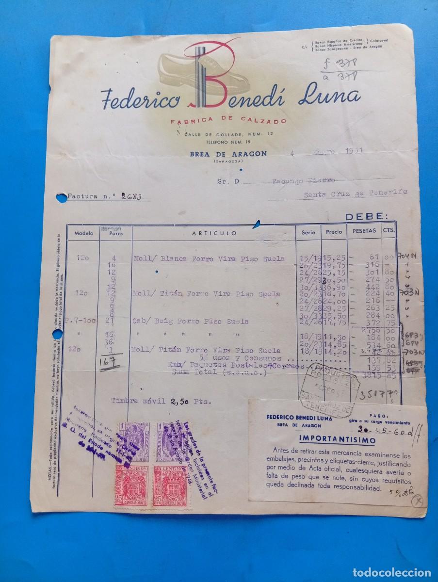 Facturas antiguas: FACTURA. BREA DE ARAGON, ZARAGOZA. 1951. FABRICA DE CALZADO. FEDERICO BENEDI LUNA.