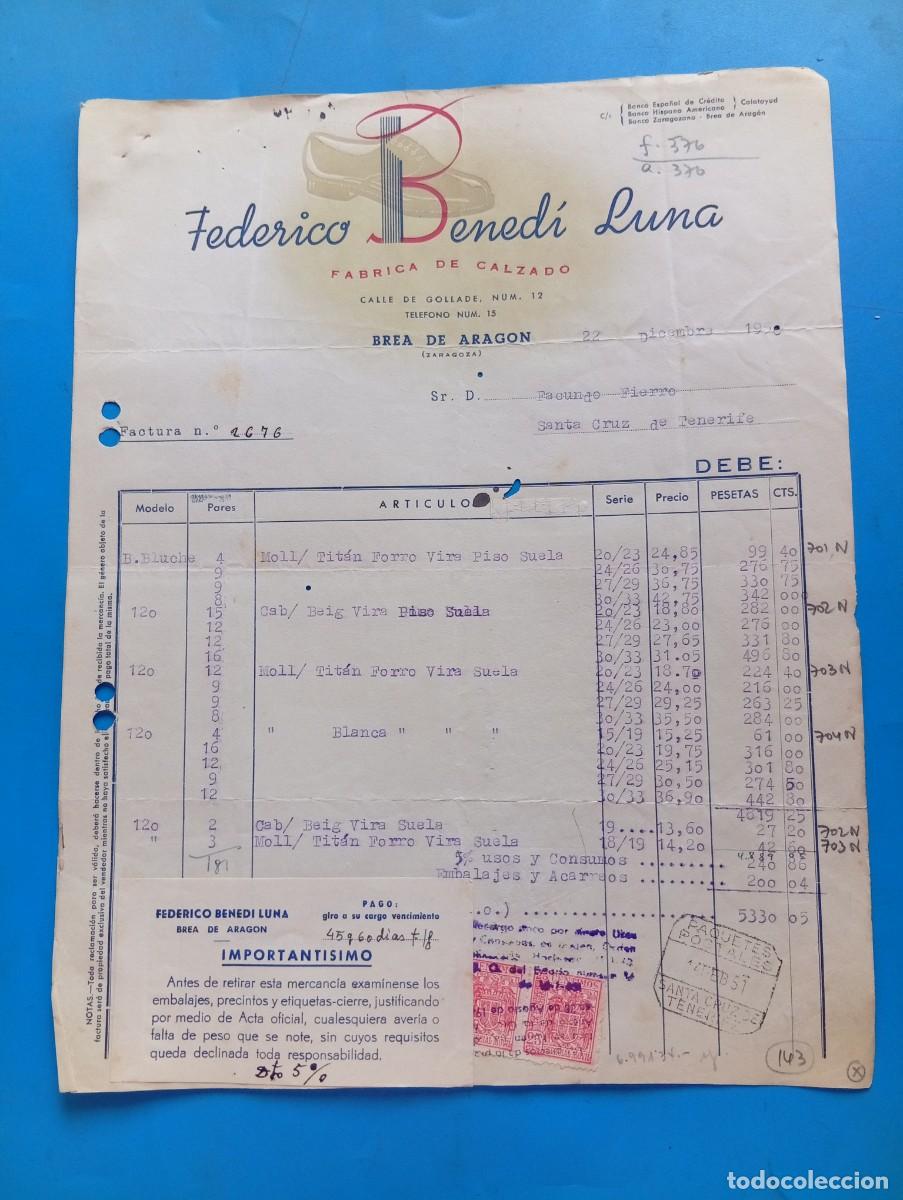 Facturas antiguas: FACTURA. BREA DE ARAGON, ZARAGOZA. 1950. FABRICA DE CALZADO. FEDERICO BENEDI LUNA.