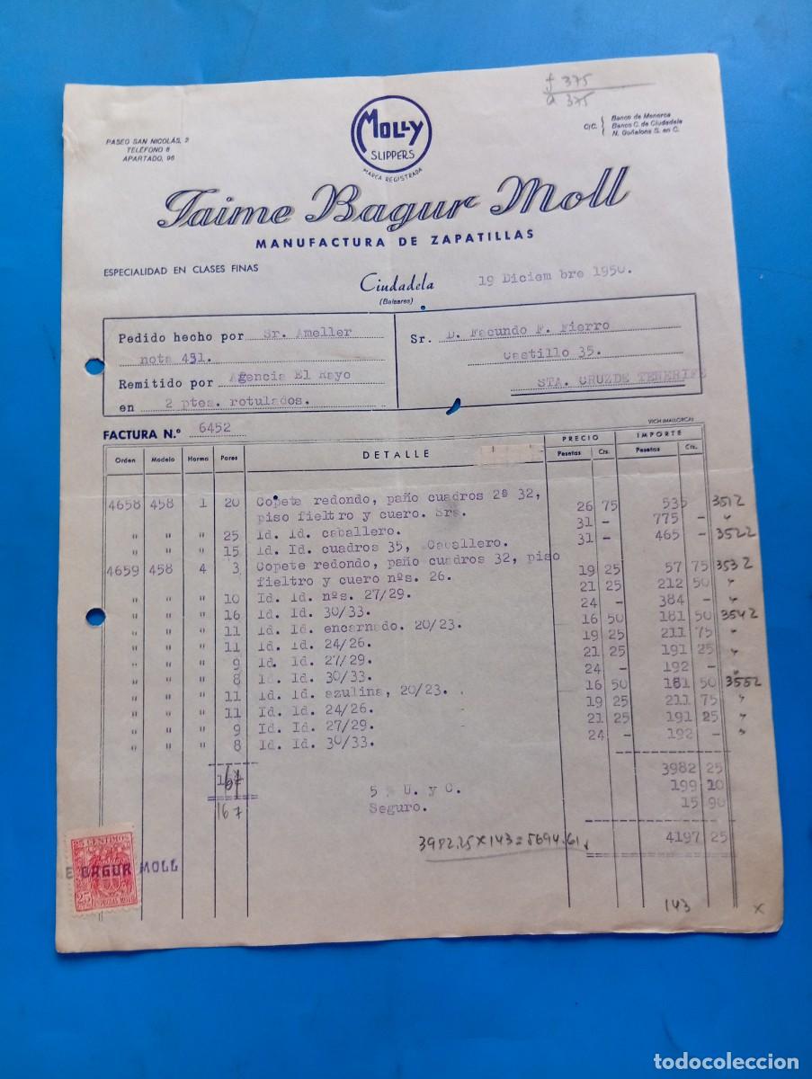Facturas antiguas: FACTURA. CIUDADELA DE MENORCA. 1950. MANUFACTURA DE ZAPATILLAS. JAIME BAGUR MOLL. MOLLY SLIPPERS.