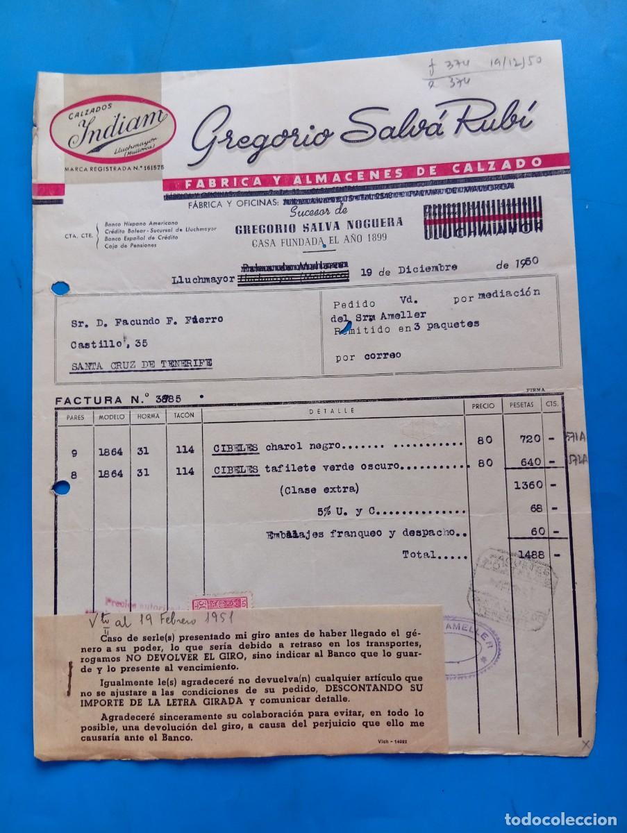 Facturas antiguas: FACTURA. LLUCHMAYOR, MALLORCA. 1950. FABRICA Y ALMACENES DE CALZADO. INDIAM. GREGORIO SALVA RUBI.