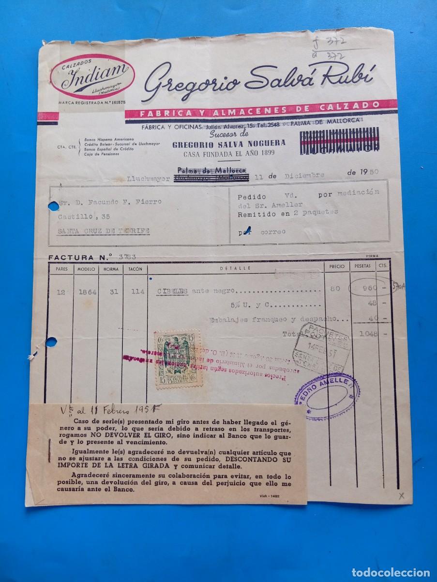 Facturas antiguas: FACTURA. LLUCHMAYOR, MALLORCA. 1950. FABRICA Y ALMACENES DE CALZADO. INDIAM. GREGORIO SALVA RUBI.