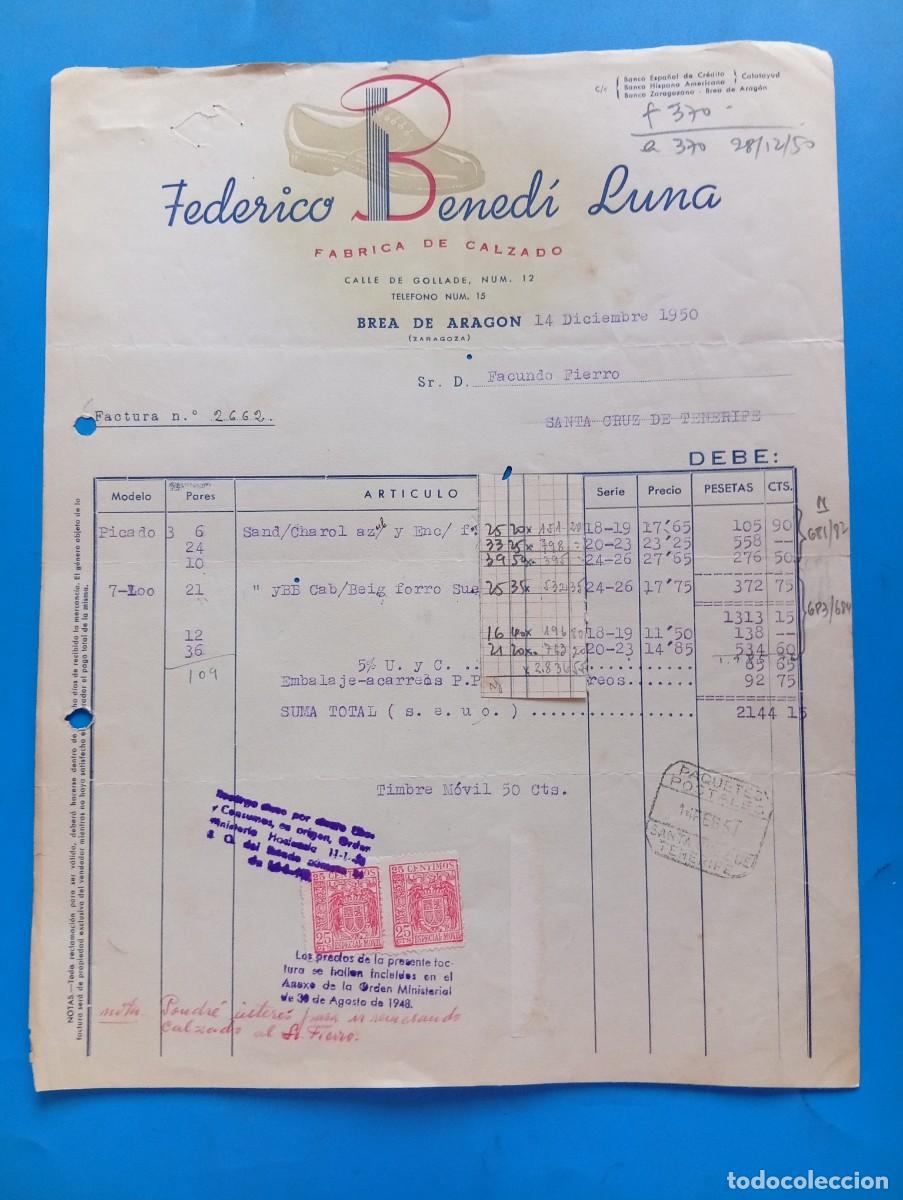 Facturas antiguas: FACTURA. BREA DE ARAGON, ZARAGOZA. 1950. FABRICA DE CALZADO. FEDERICO BENEDI LUNA.