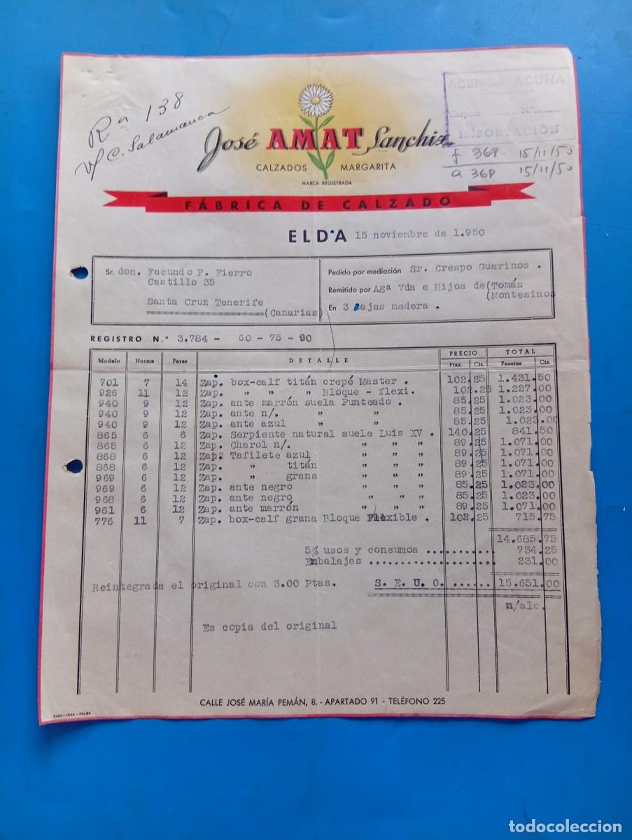 Facturas antiguas: FACTURA. ELDA, ALICANTE. 1950. FABRICA DE CALZADOS. CALZADOS MARGARITA. JOSE AMAT SANCHIZ.