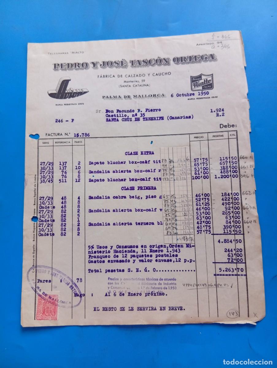 Facturas antiguas: FACTURA. PALMA DE MALLORCA. 1950. FABRICA DE CALZADO Y CAUCHO PEDRO Y JOSE TASCON ORTEGA.