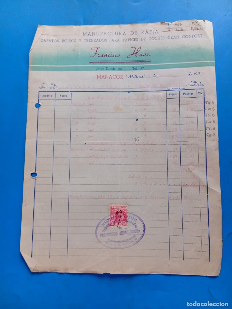 Facturas antiguas: FACTURA. MANACOR, MALLORCA. 1950. MANUFACTURA DE RAFIA. ZAPATOS-BOLSOS. FRANCISCO HNOS.
