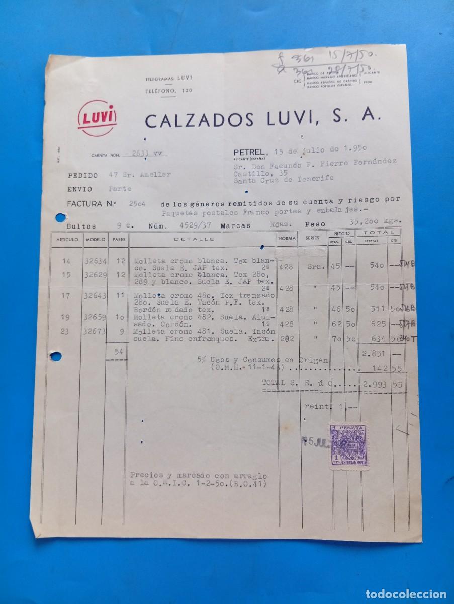 Facturas antiguas: FACTURA. PETREL, ALICANTE. 1950. LUVI. CALZADOS LUVI, S. A.