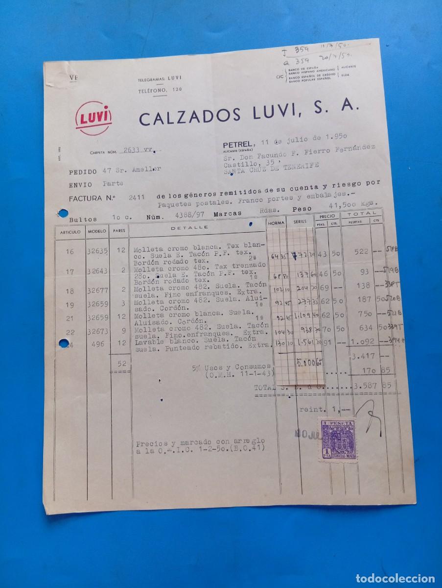 Facturas antiguas: FACTURA. PETREL, ALICANTE. 1950. LUVI. CALZADOS LUVI, S. A.