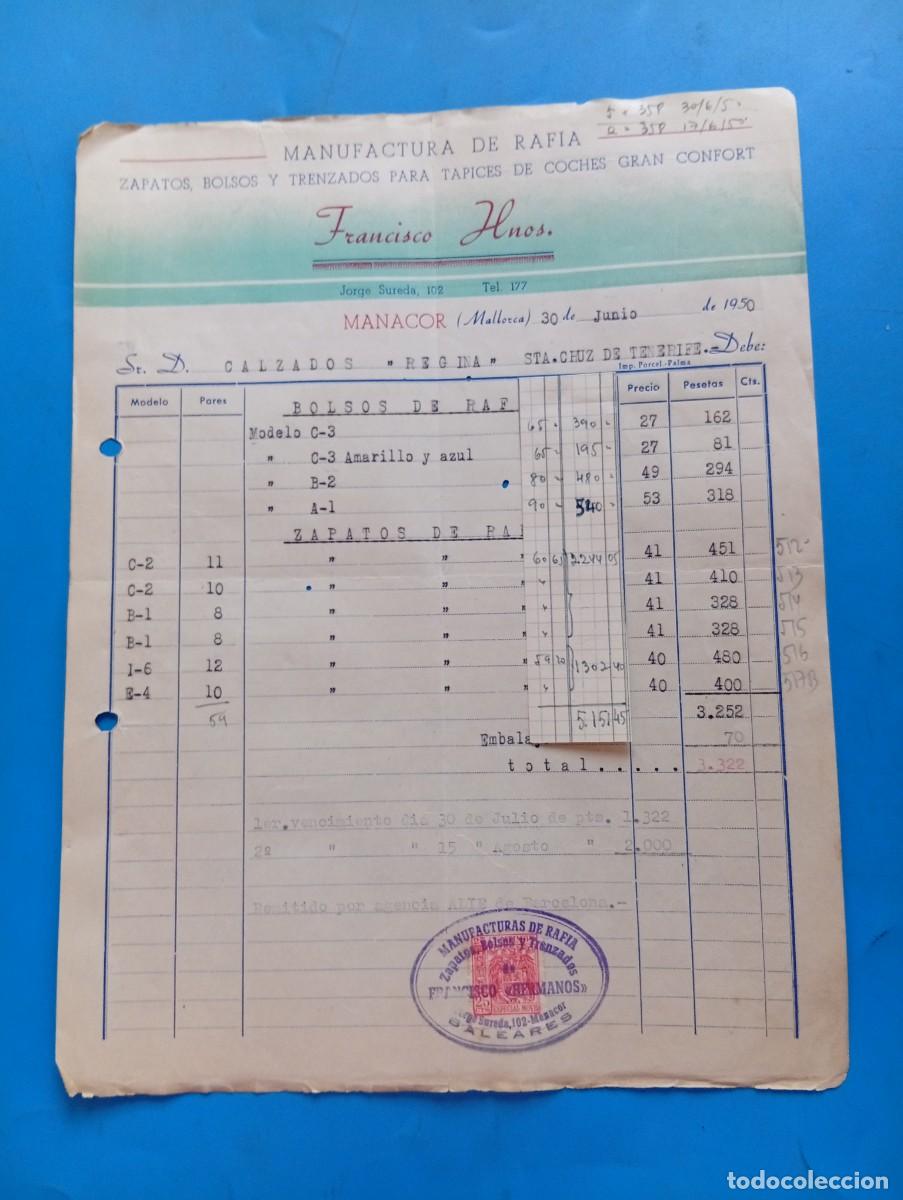 Facturas antiguas: FACTURA. MANACOR, MALLORCA. 1950. MANUFACTURA DE RAFIA. ZAPATOS-BOLSOS. FRANCISCO HNOS.