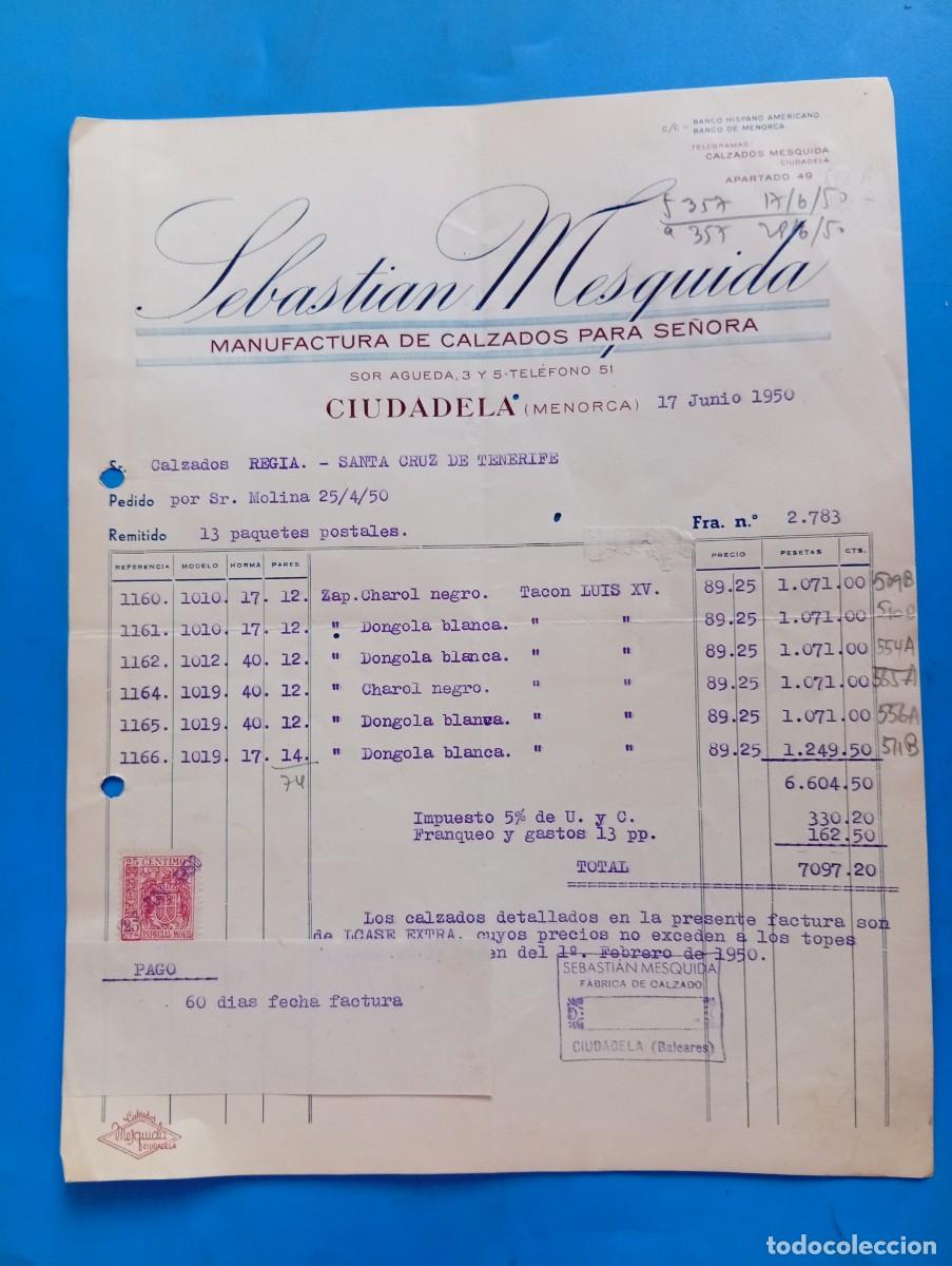 Facturas antiguas: FACTURA. CIUDADELA, MENORCA. 1950. MANUFACTURA DE CALZADOS PARA SE&Ntilde;ORA. SEBASTIAN MESQUIDA.