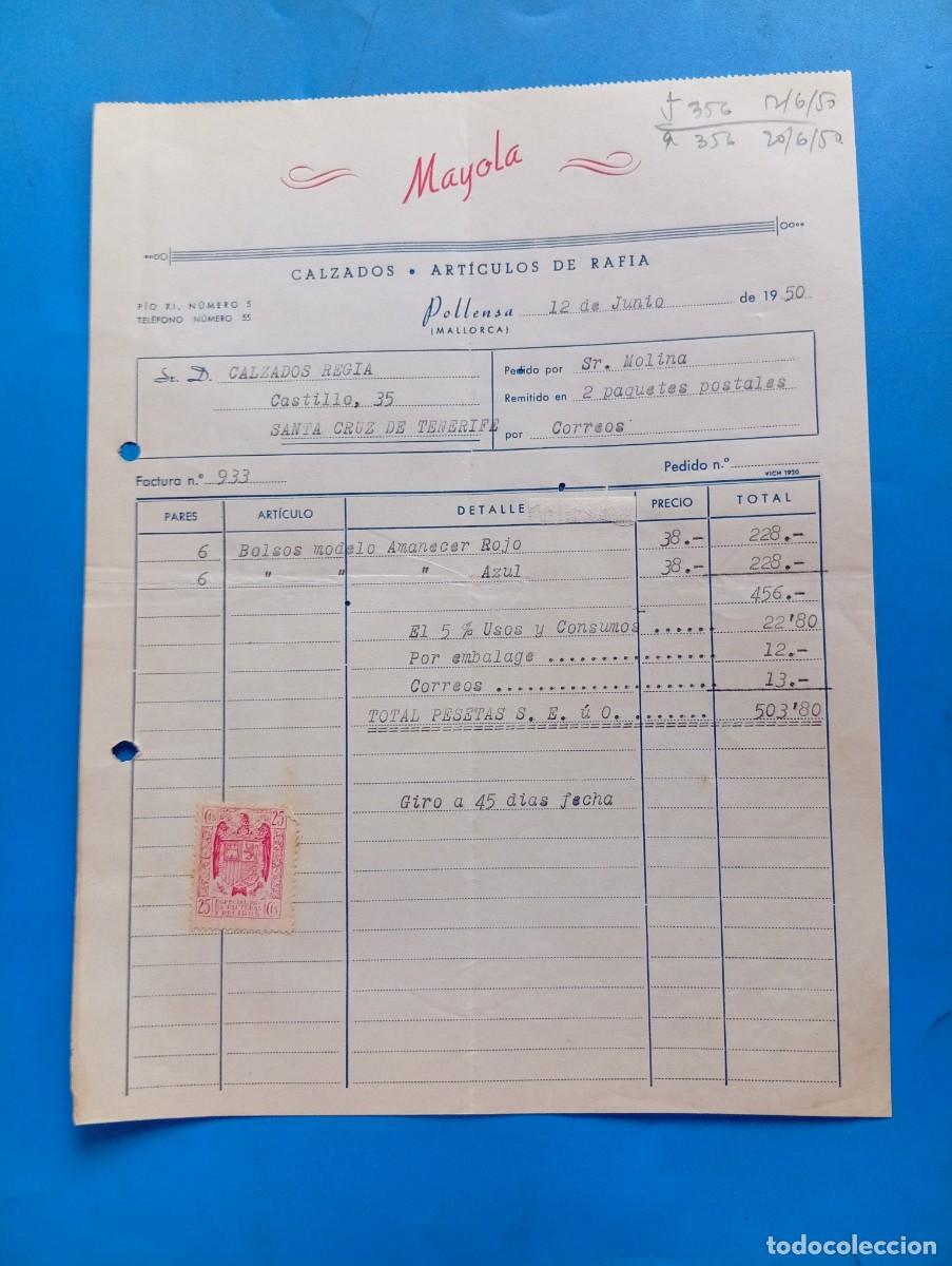 Facturas antiguas: FACTURA. POLLENSA, MALLORCA. 1950. CALZADOS-ARTICULOS DE RAFIA. MAYOLA.