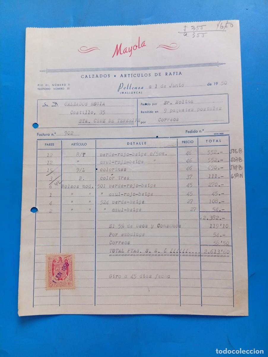 Facturas antiguas: FACTURA. POLLENSA, MALLORCA. 1950. CALZADOS-ARTICULOS DE RAFIA. MAYOLA.