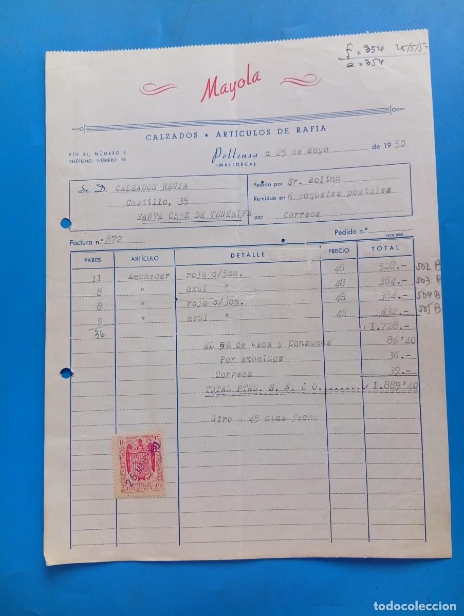 Facturas antiguas: FACTURA. POLLENSA, MALLORCA. 1950. CALZADOS-ARTICULOS DE RAFIA. MAYOLA.