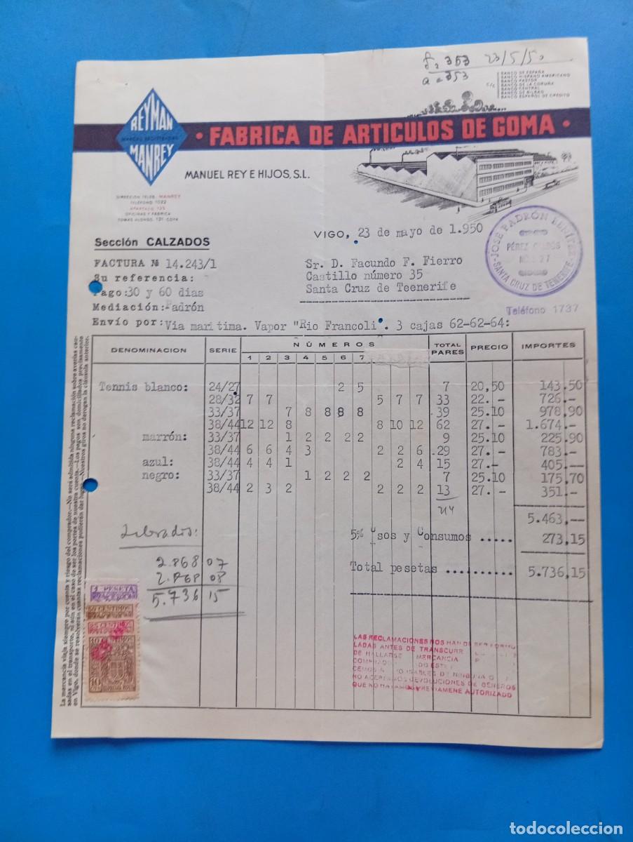 Facturas antiguas: FACTURA. VIGO. 1950. FABRICA DE ARTICULOS DE GOMA. REYMAN MANREY. MANUEL REY E HIJOS, S.L.