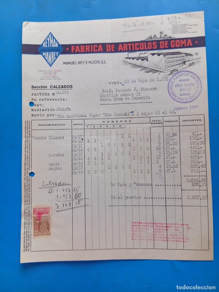 Facturas antiguas: FACTURA. VIGO. 1950. FABRICA DE ARTICULOS DE GOMA. REYMAN MANREY. MANUEL REY E HIJOS, S.L.