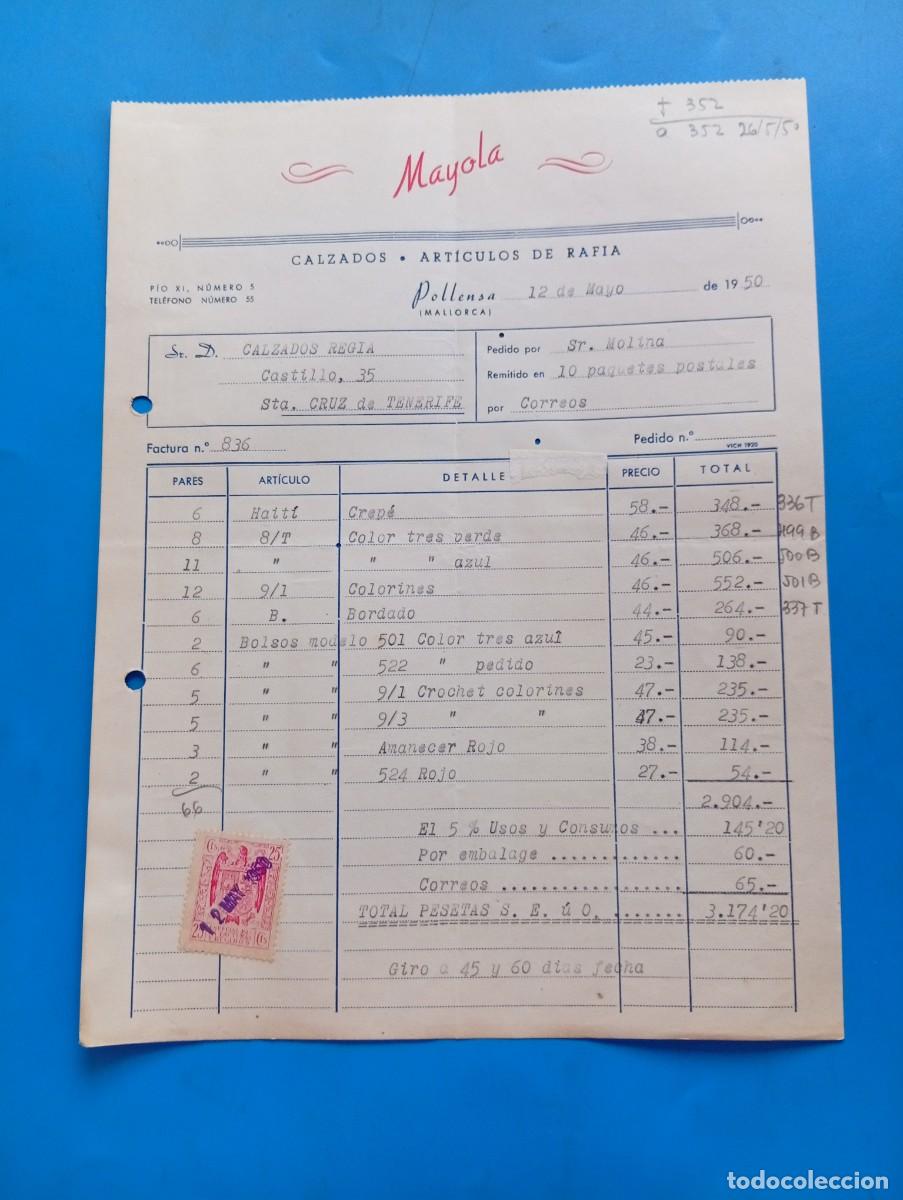 Facturas antiguas: FACTURA. POLLENSA, MALLORCA. 1950. CALZADOS-ARTICULOS DE RAFIA. MAYOLA.