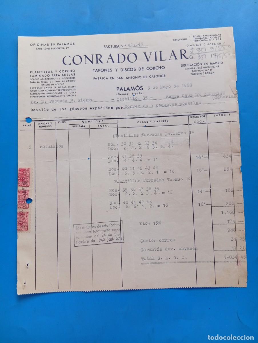 Facturas antiguas: FACTURA. PALAMOS, GERONA. 1950. TAPONES Y DISCOS DE CORCHO. CONRADO VILAR.
