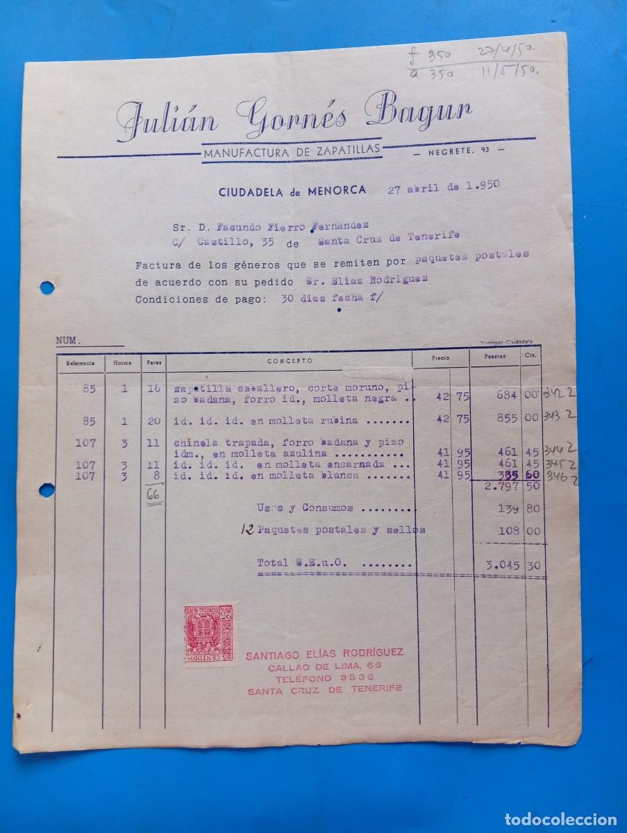 Facturas antiguas: FACTURA. CIUDADELA DE MENORCA. 1950. MANUFACTURA DE ZAPATILLAS. JULIAN GORNES BAGUR.
