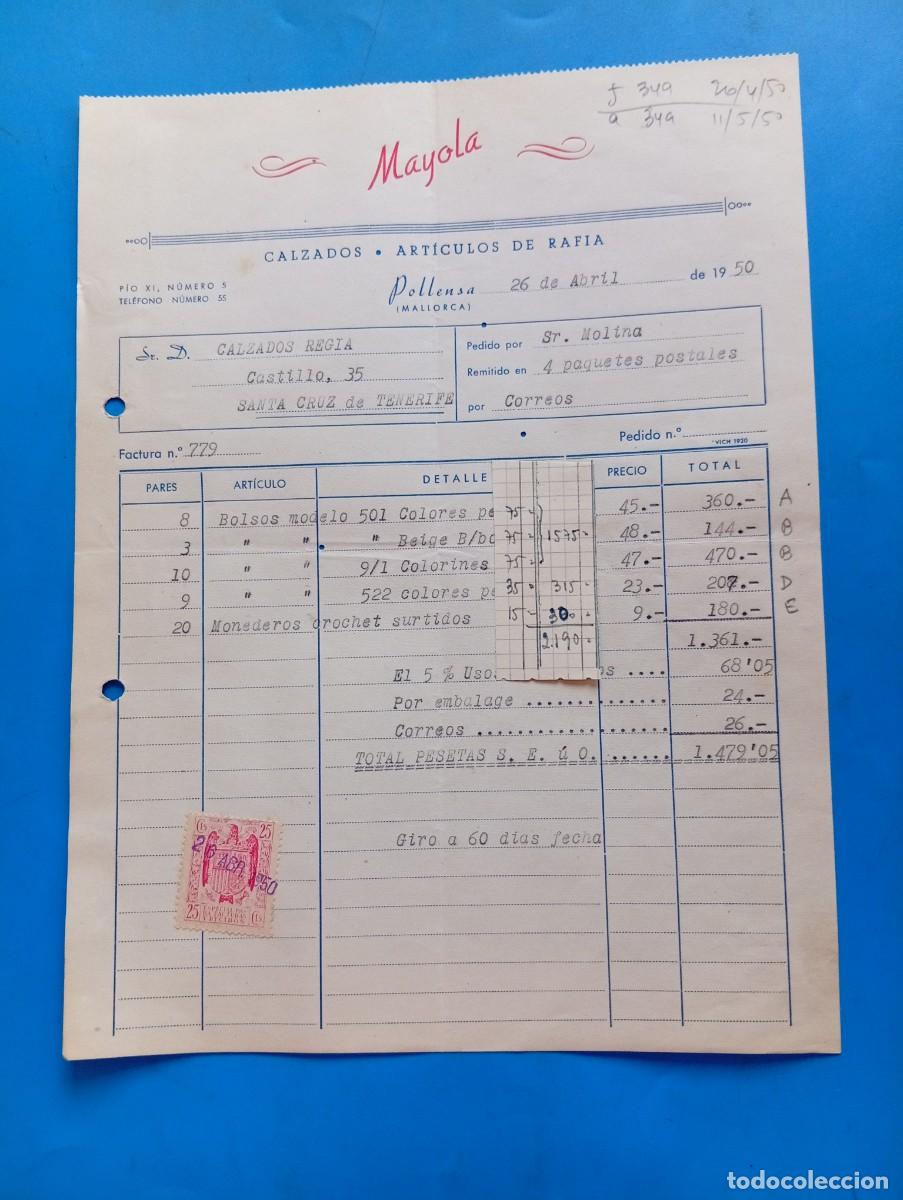 Facturas antiguas: FACTURA. POLLENSA, MALLORCA. 1950. CALZADOS-ARTICULOS DE RAFIA. MAYOLA.