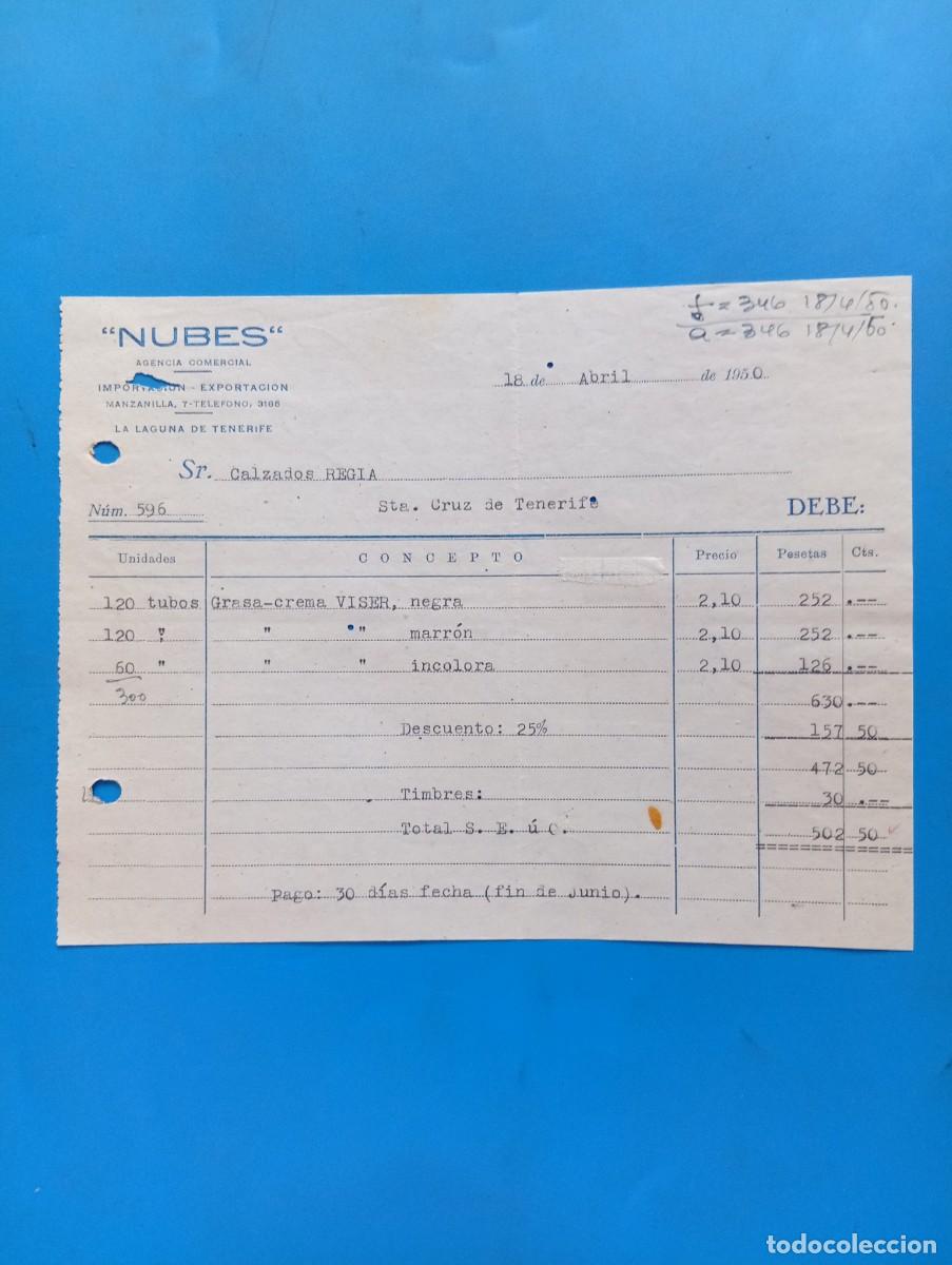 Facturas antiguas: FACTURA. LA LAGUNA DE TENERIFE. 1950. &rdquo;NUBES &rdquo;. AGENCIA COMERCIAL. IMPORTACOIN-EXPORTACION.