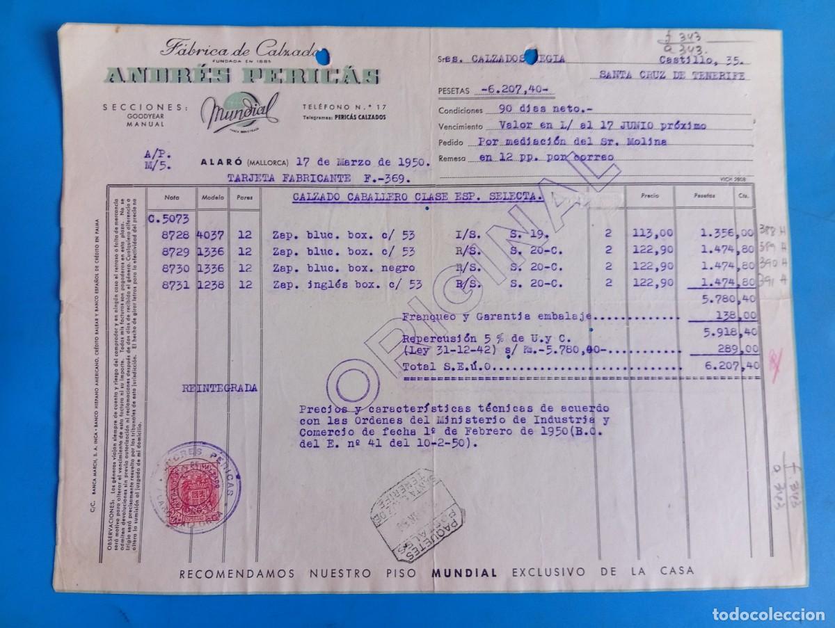 Facturas antiguas: FACTURA. ALAR&Oacute;, MALLORCA. 1950. FABRICA DE CALZADO. ANDRES PERICAS.