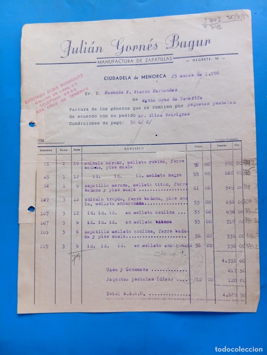 Facturas antiguas: FACTURA. CIUDADELA DE MENORCA. 1950. MANUFACTURA DE ZAPATILLAS. JULIAN GORNES BAGUR.