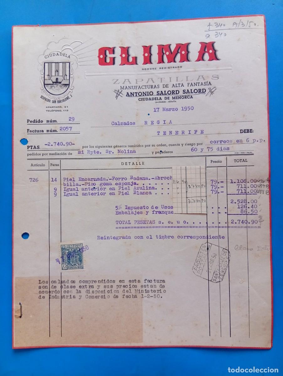 Facturas antiguas: FACTURA. CIUDADELA DE MENORCA. 1950. MANUFACTURAS DE ALTA FANTASIA. ANTONIO SALORD SALORD. CLIMA.