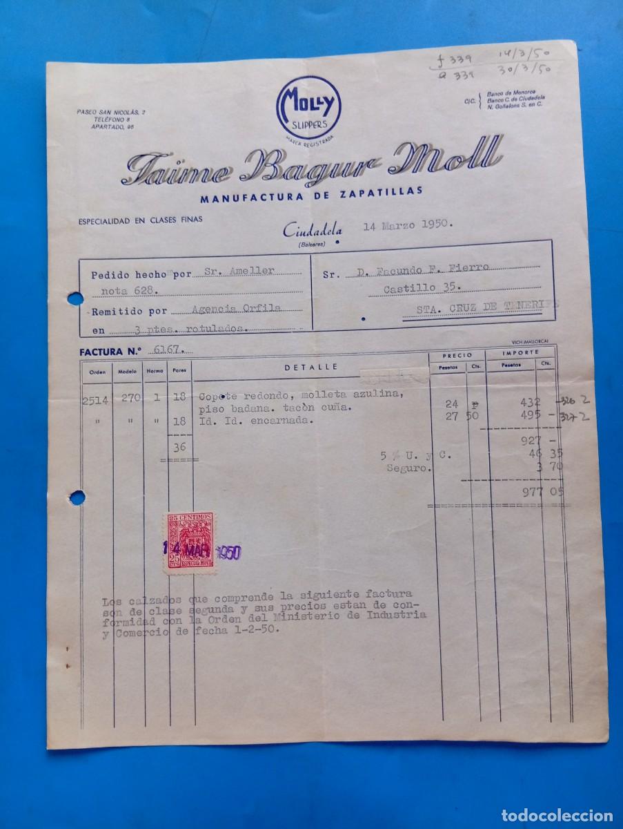 Facturas antiguas: FACTURA. CIUDADELA DE MENORCA. 1950. MANUFACTURA DE ZAPATILLAS. JAIME BAGUR MOLL. MOLLY SLIPPERS.