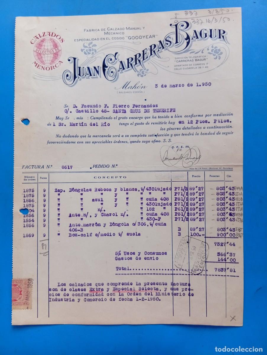 Facturas antiguas: FACTURA. MAHON, MALLORCA. 1950. FABRICA DE CALZADO MANUAL Y MECANICO. JUAN CARRERAS BAGUR.