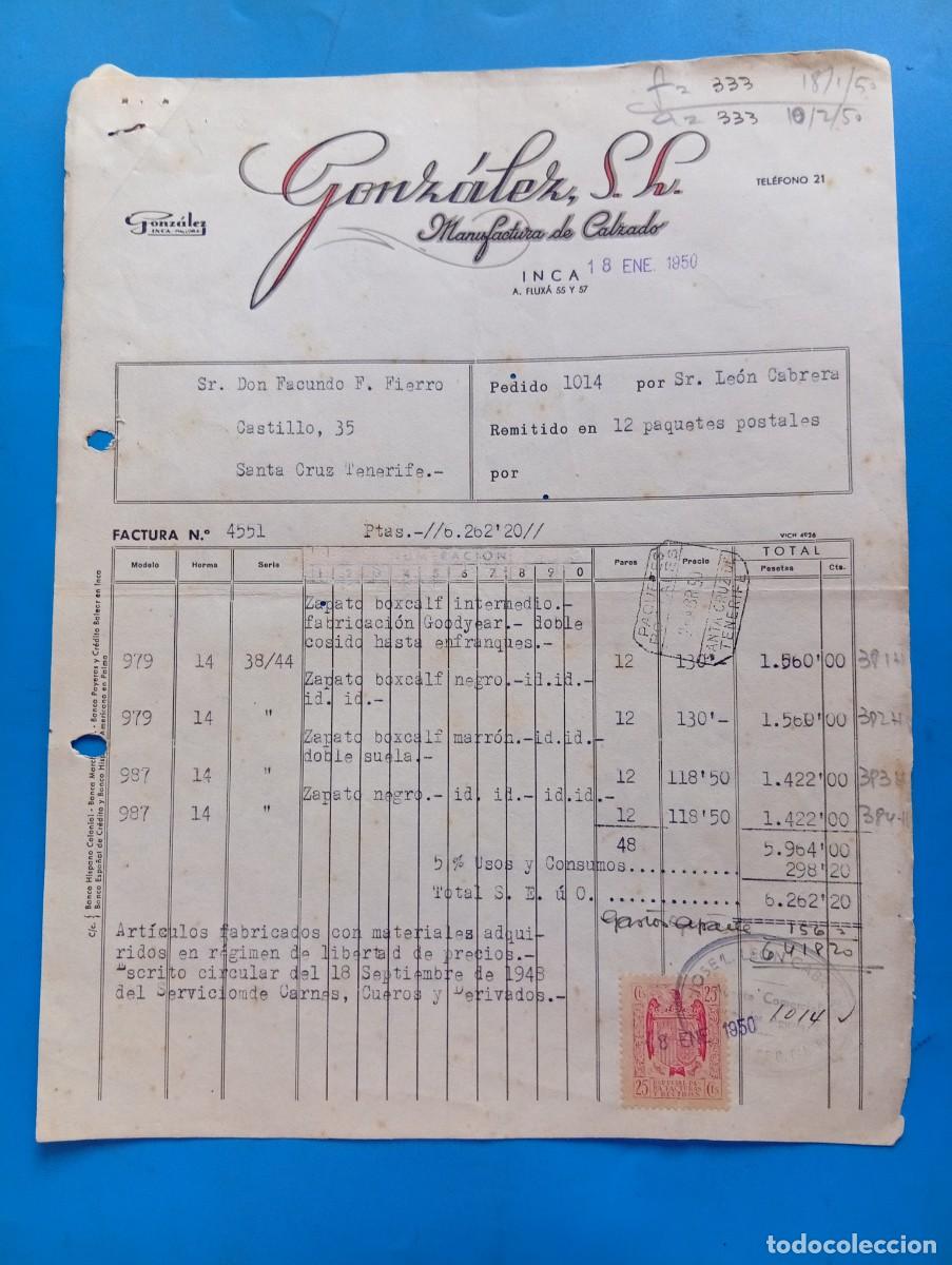 Facturas antiguas: FACTURA. INCA, MALLORCA. 1951. MANUFACTURA DE CALZADO. GONZALEZ S.L.