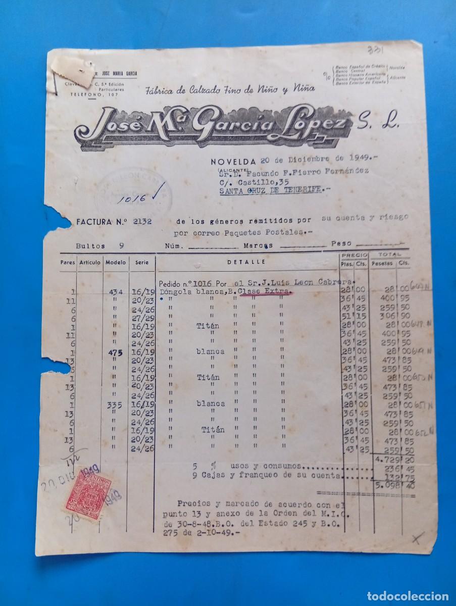 Facturas antiguas: FACTURA. NOVELDA, ALICANTE. 1949. FABRICA DE CALZADO FINO DE NI&Ntilde;O Y NI&Ntilde;A. JOSE M&ordf;. GARCIA LOPEZ, S.L