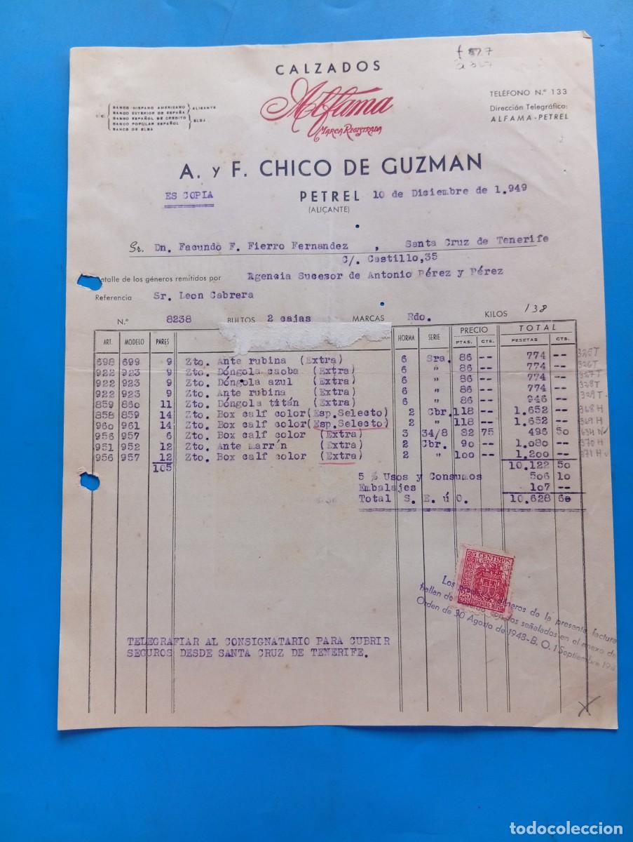 Facturas antiguas: FACTURA. PETREL, ALICANTE. 1949. CALZADOS ALFAMA. A. Y F. CHICO DE GUZMAN.