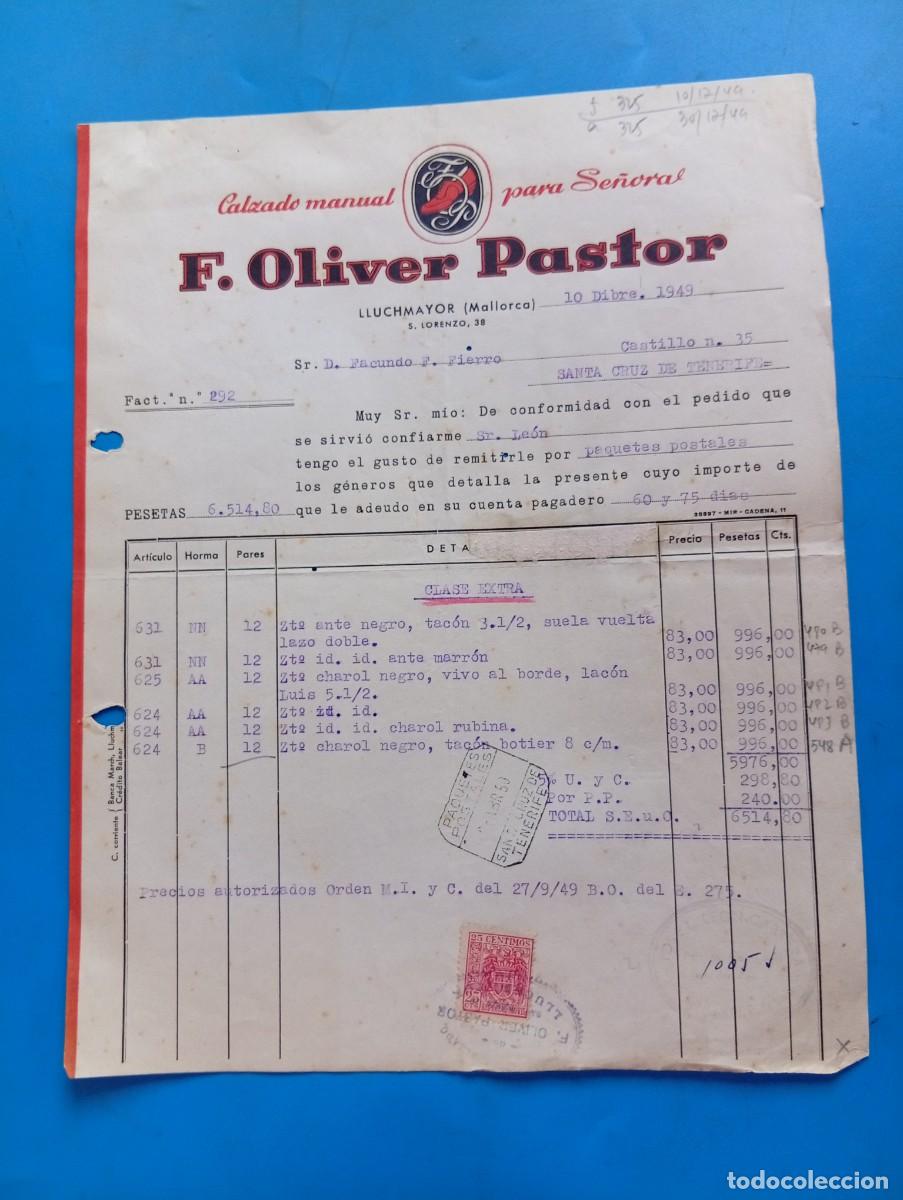 Facturas antiguas: FACTURA. LLUCHMAYOR, MALLORCA. 1949. CALZADO MANUAL PARA SE&Ntilde;ORAS. F. OLIVER PASTOR.