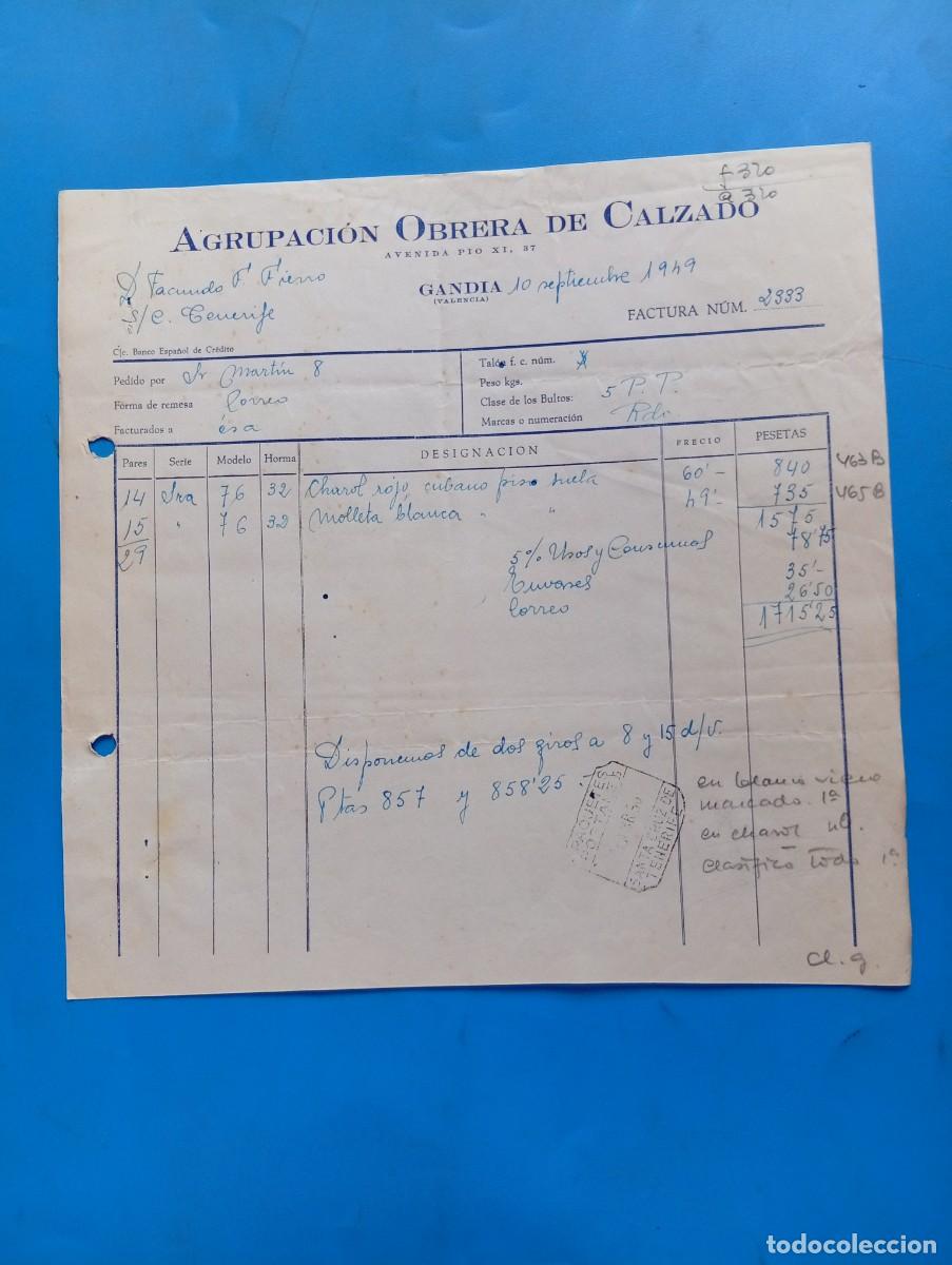 Facturas antiguas: FACTURA. GANDIA, VALENCIA. 1949. AGRUPACION OBRERA DE CALZADO.