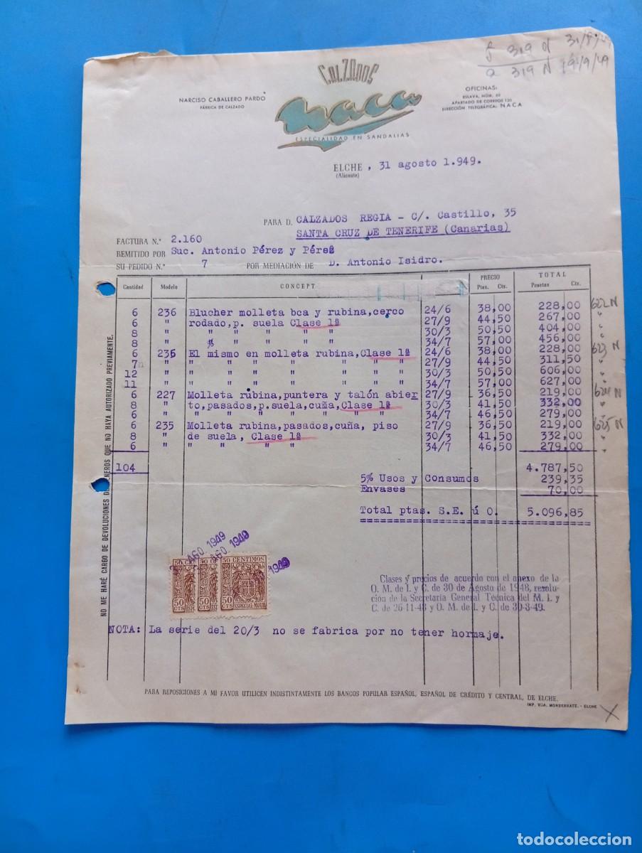 Facturas antiguas: FACTURA. ELCHE, ALICANTE. 1949. ESPECIALIDAD EN SANDALIAS. NARCISO CABALLERO PARDO. CALZADOS NACA.
