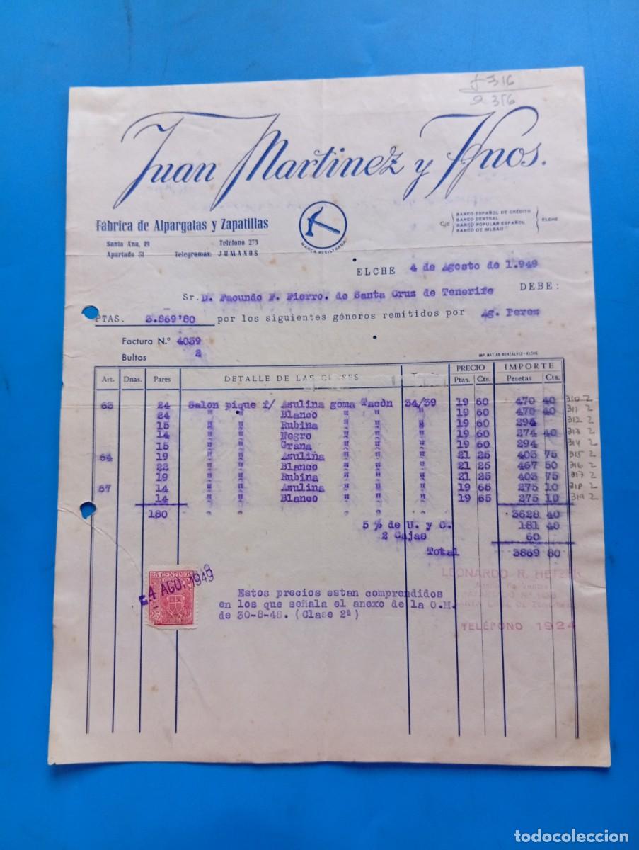 Facturas antiguas: FACTURA. ELCHE, ALICANTE. 1949. FABRICA DE ALPARGATAS Y ZAPATILLAS. JUAN MARTINEZ Y HNOS.