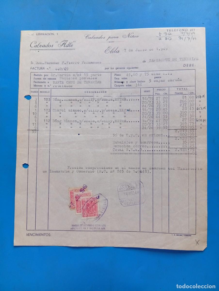 Facturas antiguas: FACTURA. ELDA, ALICANTE. 1949. CALZADOS PARA NI&Ntilde;OS. CALZADOS ADLE.