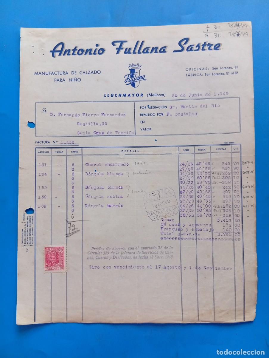 Facturas antiguas: FACTURA. LLUCHMAYOR, MALLORCA. 1949. MANUFACTURA DE CALZADO PARA NI&Ntilde;O. ANTONIO FULLANA SASTRE.