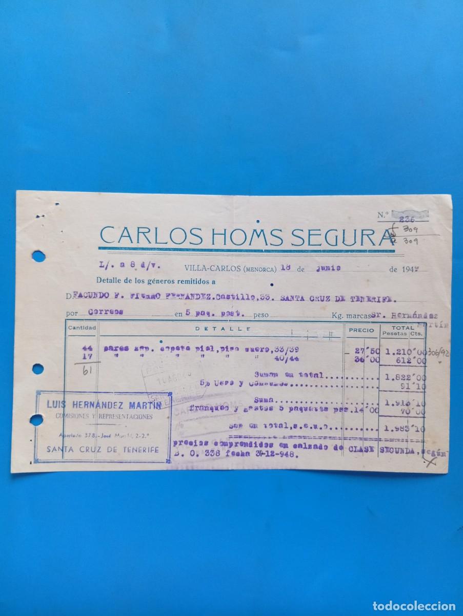 Facturas antiguas: FACTURA. VILLA-CARLOS, MENORCA. 1949. CARLOS HOMS SEGURA.