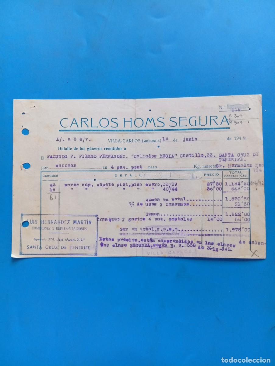 Facturas antiguas: FACTURA. VILLA-CARLOS, MENORCA. 1949. CARLOS HOMS SEGURA.