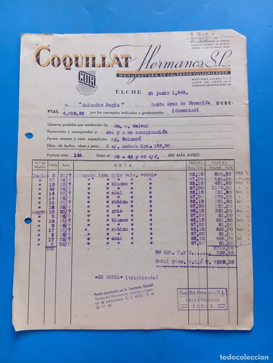 Facturas antiguas: FACTURA. ELCHE, ALICANTE. 1949. MANUFACTURA DE CALZADOS VULCANIZADOS. COQUILLAT, HERMANOS, S.L.