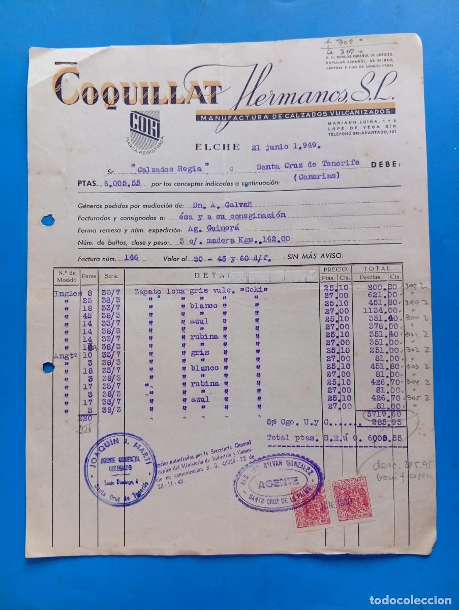 Facturas antiguas: FACTURA. ELCHE, ALICANTE. 1949. MANUFACTURA DE CALZADOS VULCANIZADOS. COQUILLAT, HERMANOS, S.L.