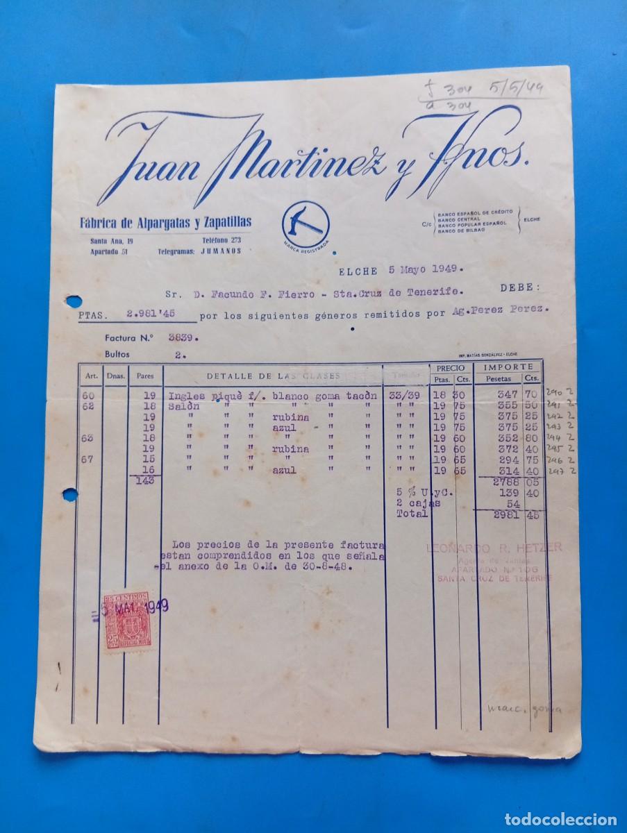 Facturas antiguas: FACTURA. ELCHE, ALICANTE. 1949. FABRICA DE ALPARGATAS Y ZAPATILLAS. JUAN MARTINEZ Y HNOS.
