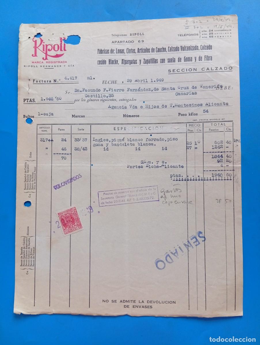 Facturas antiguas: FACTURA. ELCHE, ALICANTE. 1949. FABRICA DE LONAS-CINTAS-CALZADO. RIPOLI. RIPOLL HNOS Y CIA.