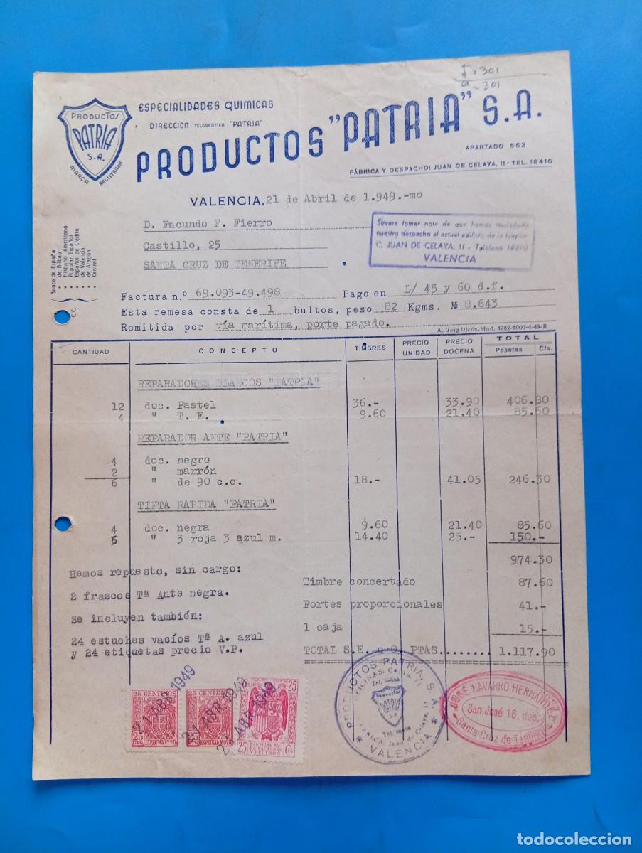 Facturas antiguas: FACTURA. VALENCIA. 1949. ESPECIALIDADES QUIMICAS. PRODUCTOS &rdquo;PATRIA&rdquo; S.A.