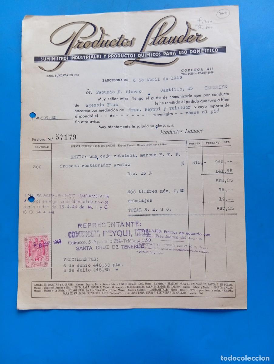 Facturas antiguas: FACTURA. BARCELONA. 1949. SUMINISTROS INDUSTRIALES Y PRODUCTOS QUIMICOS. PRODUCTOS LLAUDER.