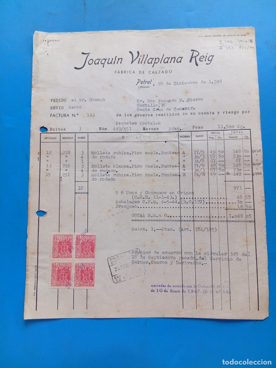 Facturas antiguas: FACTURA. PETREL, ALICANTE. 1948. FABRICA DE CALZADO. JOAQUIN VILLAPLANA REIG.